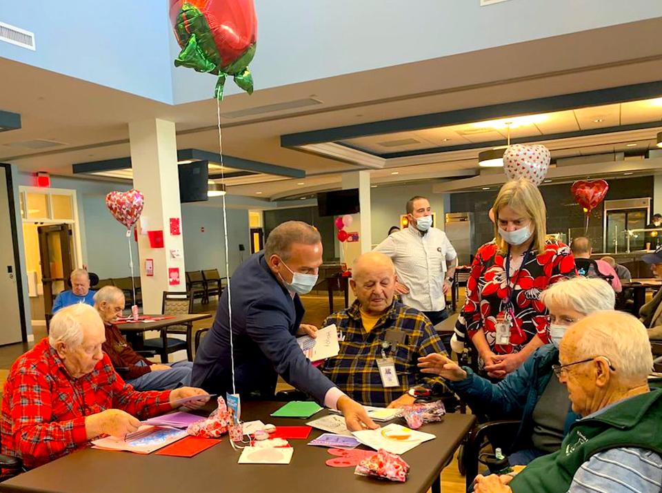 Congressman Cicilline distributes valentines made by students at Lincoln Central & Claiborne Pell Elementary Schools to residents at the RI Veterans Home in Bristol. Over the past several years, the Congressman has distributed thousands of such cards to patients at the Providence Veterans Medical Center as well.