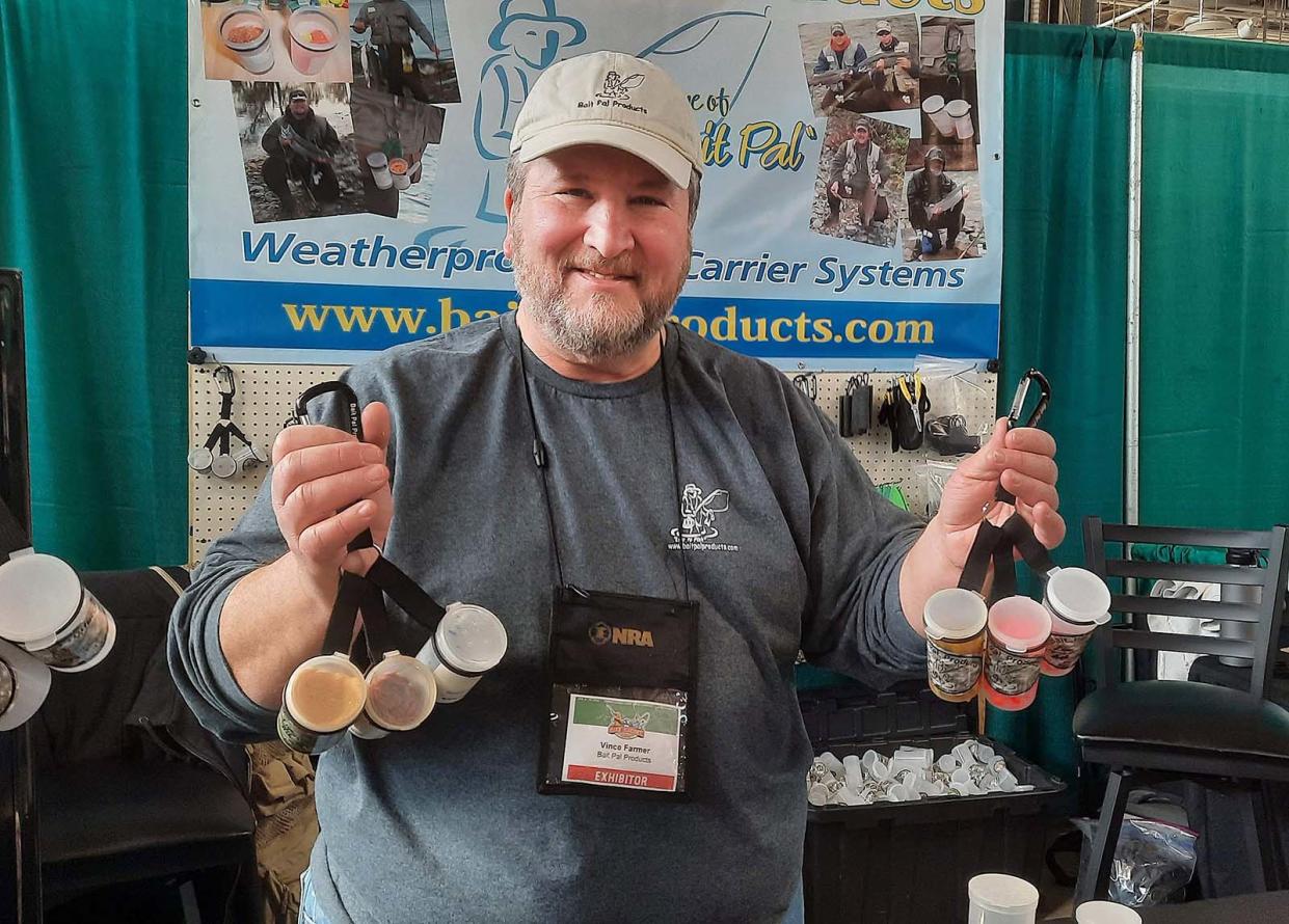 Vince Farmer of Mercersburg shows his Bait Pal product he created and sells around the world. He had a booth in 2022 at the NRA Great American Outdoor Show in Harrisburg.