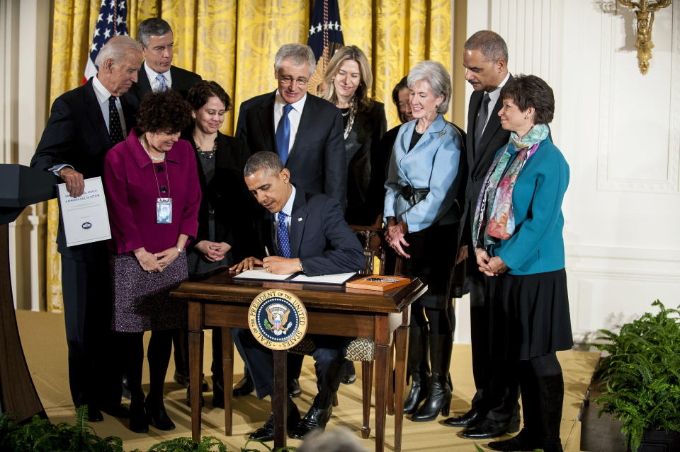 President Barack Obama signs a 2014 memorandum establishing a task force to protect students from campus sexual violence.&nbsp; (Photo: Pete Marovich/Bloomberg via Getty Images)