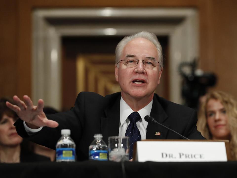 Health and Human Services Secretary-designate, Rep. Tom Price, R-Ga. testifies on Capitol Hill in Washington, Wednesday, Jan. 18, 2017, at his confirmation hearing before the Senate Health, Education, Labor and Pensions Committee. (AP Photo/Carolyn Kaster)