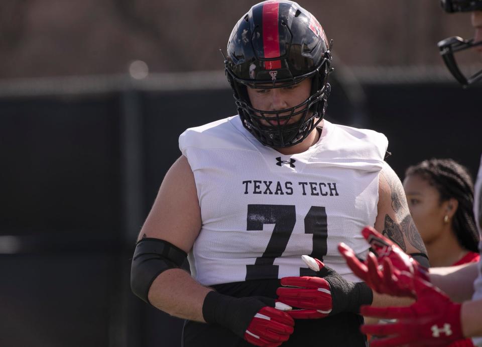 Offensive guard Vinny Sciury (71) was one of Texas Tech's prized catches in the NCAA transfer portal at the end of last season. Sciury started 33 games and was a first-team all-conference honoree for Toledo. He's one of 29 new players Tech added in January.