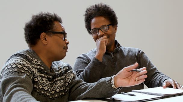 PHOTO: Garnell Whitfield (left) and his brother, Raymond Whitfield, whose mother, Ruth Whitfield was killed in the May 14, 2022, mass shooting at a Tops store in Buffalo, discuss plans a seminar they held in April on combating white supremacy. (Alysha Webb/ABC News)