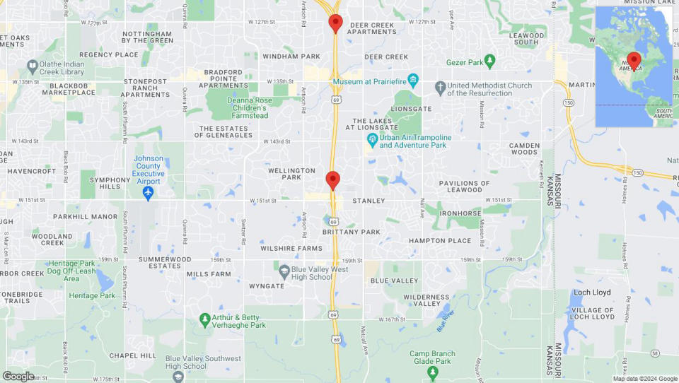 A detailed map that shows the affected road due to 'Lane on US-69 closed in Overland Park' on July 16th at 2:20 p.m.