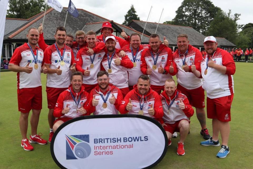 England's successful men's bowling team, including Aspatria's Kevin Harrison, back row third right <i>(Image: Bowls England)</i>