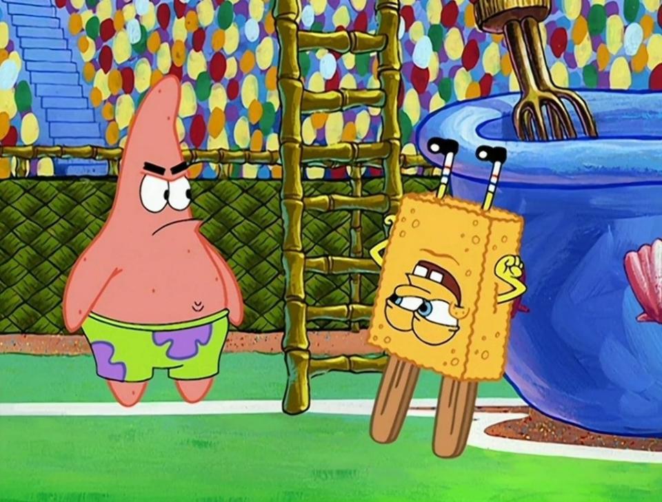 Patrick Star and SpongeBob SquarePants standing next to a ladder; SpongeBob has paint on his nose
