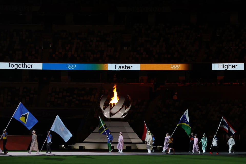 TOKYO, JAPAN - AUGUST 08: A view as the flag bearers of the competing nations enter the stadium during the Closing Ceremony of the Tokyo 2020 Olympic Games at Olympic Stadium on August 08, 2021 in Tokyo, Japan. (Photo by Naomi Baker/Getty Images)