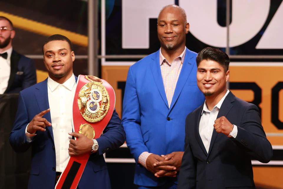 (L-R) Errol Spence Jr., Lennox Lewis and Mikey Garcia attend Fox Sports and Premier Boxing Champions Press Conference Experience on Nov. 13, 2018 in Los Angeles. (Photo by Leon Bennett/Getty Images)
