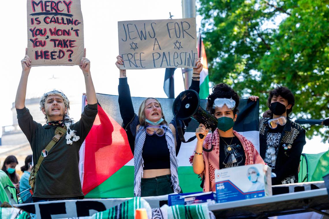 UNC-Chapel Hill students demonstrate during a pro-Palestinian protest at an encampment at UNC-Chapel Hill on Monday, April 29, 2024. Students for Justice in Palestine urged students to join the encampment, saying that university officials had told them that the “tents are coming down tonight.”