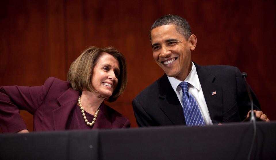 President Barack Obama, right, talks with House Speaker Nancy Pelosi, D-Calif., during the House Democratic Caucus retreat at the U.S. Capitol on Thursday, Jan. 14, 2010, in Washington.