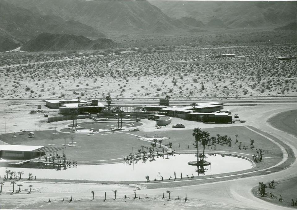 Aerial of the Henry Eggers and A. Quincy Jones designed Shadow Mountain Club, set around Tommy Tomson's iconic figure-eight pool.