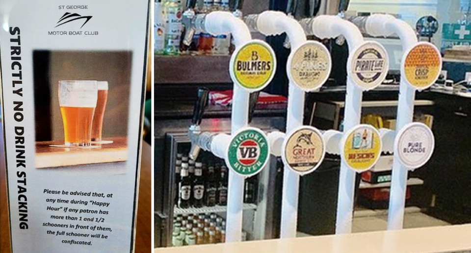 Left: St George Boat Club's Happy Hour 'drink stacking' rule card, and right, beers on tap are displayed at the bar with brands including Victoria Bitter and Resch's. 