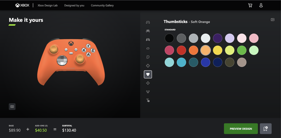 A screenshot of Microsoft's Xbox Design Lab showcasing the colours that are available to the public for purchase. (Screenshot: Microsoft)