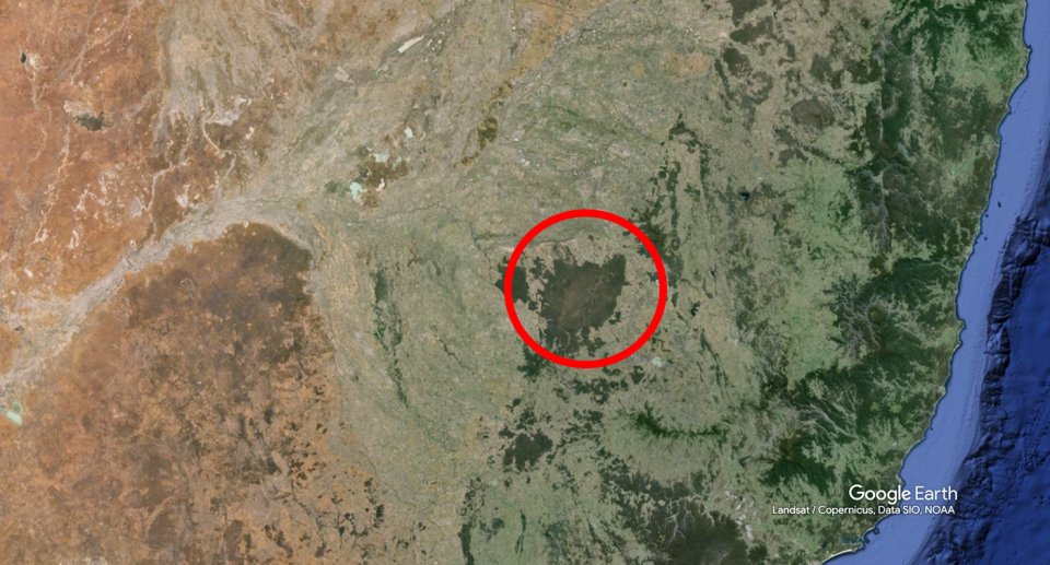 The Pilliga on a Google Earth Map with a circle around it.
