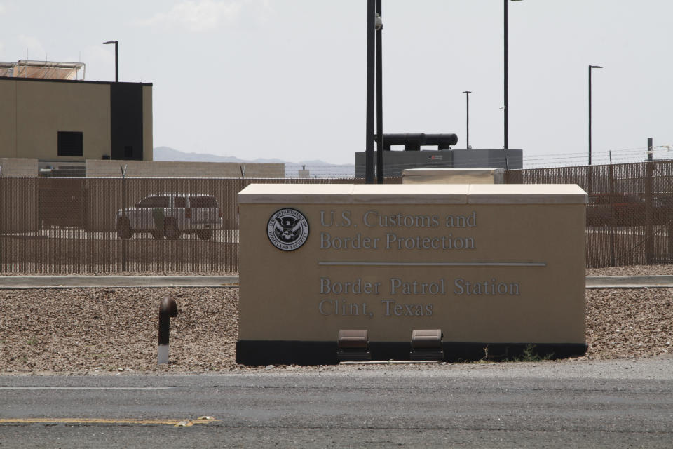 The entrance to the Border Patrol station in Clint, Texas, Wednesday, June 26, 2019. Migrant children being housed at the Border Patrol facility near El Paso appeared mostly clean and were being watched by hallway monitors on Wednesday, less than a week since they reported living there in squalid conditions with inadequate food, water and sanitation. (AP Photo/Cedar Attanasio)