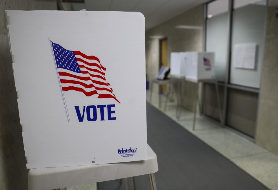 A voting booth is seen on Wednesday, March 27, 2024 at City Hall in Green Bay, Wis. Early voting in Green Bay runs through noon on Saturday, March 30.
Tork Mason/USA TODAY NETWORK-Wisconsin