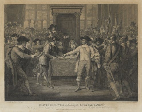 <span class="caption">Oliver Cromwell dissolving the Long Parliament.</span> <span class="attribution"><a class="link " href="https://www.npg.org.uk/collections/search/use-this-image/?mkey=mw149383" rel="nofollow noopener" target="_blank" data-ylk="slk:National Portrait Gallery;elm:context_link;itc:0;sec:content-canvas">National Portrait Gallery</a>, <a class="link " href="http://creativecommons.org/licenses/by-nc/4.0/" rel="nofollow noopener" target="_blank" data-ylk="slk:CC BY-NC;elm:context_link;itc:0;sec:content-canvas">CC BY-NC</a></span>