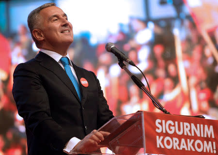 Montenegro's Prime Minister and leader of rulling Democratic Party of Socialist reacts during a pre-election rally in Podgorica, Montenegro, October 14, 2016. REUTERS/Stevo Vasiljevic