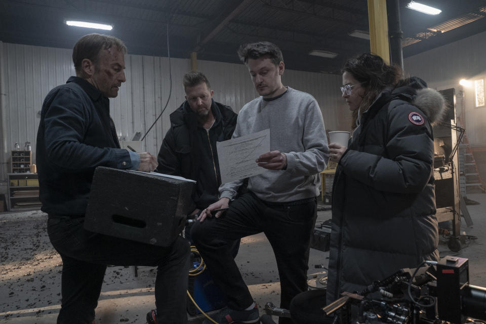 Bob Odenkirk (first from left) and director Ilya Naishuller (3rd from left) on the set of Nobody. (Photo courtesy of United International Pictures)