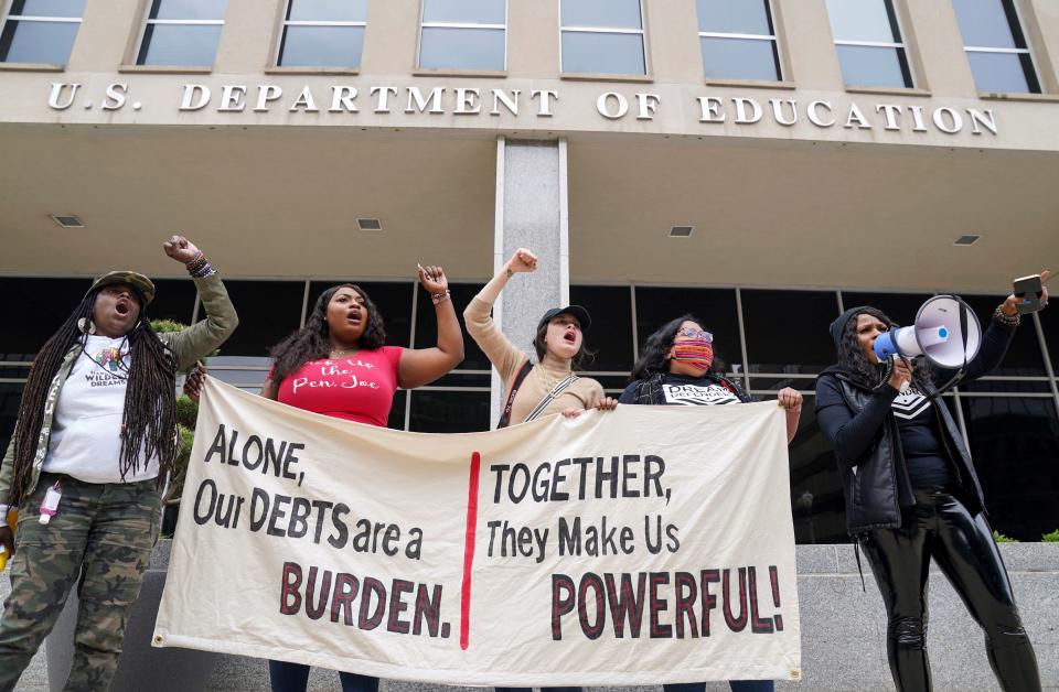 Demonstrators call for the cancellation of student loan debt outside the U.S. Department of Education on April 4th, 2022. The demonstration was organized by the Debt Collective, a group  that recently bought and discharged student debt at Bennett College, an all-women's HBCU.