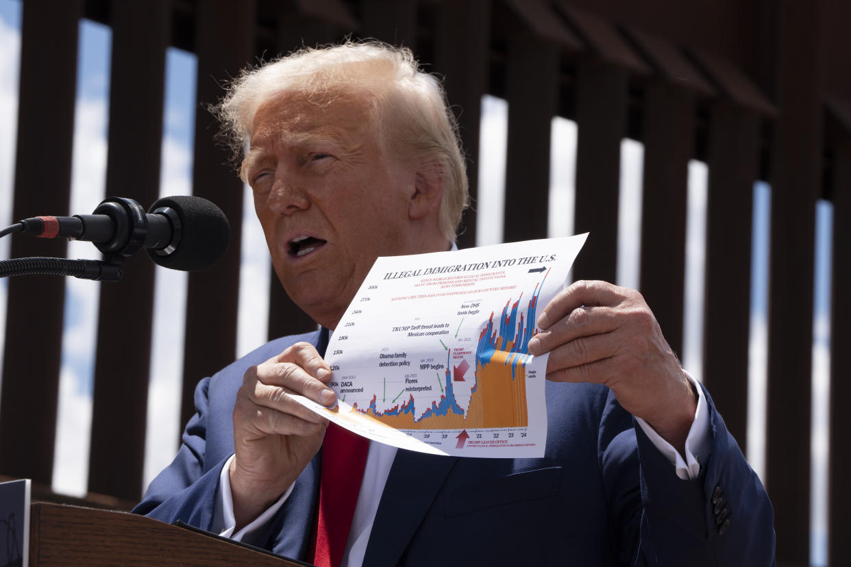 SIERRA VISTA, ARIZONA - AUGUST 22: U.S. Republican Presidential Candidate and former President Donald Trump speaks at the U.S.-Mexico border on August 22, 2024 south of Sierra Vista, Arizona. Trump will hold a rally in Glendale, Arizona tomorrow. (Photo by Rebecca Noble/Getty Images)