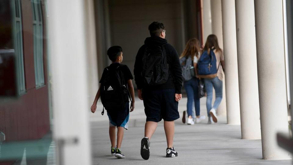 King Middle School students walk to class on the first day of school.