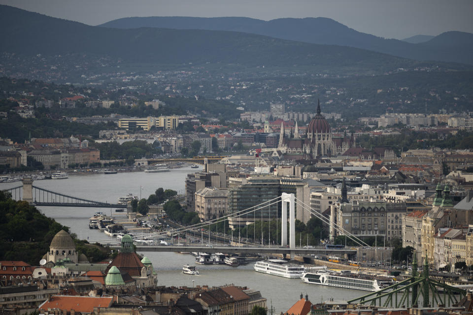 A general view of Budapest's city centre, on Wednesday, Aug. 9, 2023. Budapest hosts the World Athletics Championships from 19-27 August 2023. (AP Photo/Denes Erdos)