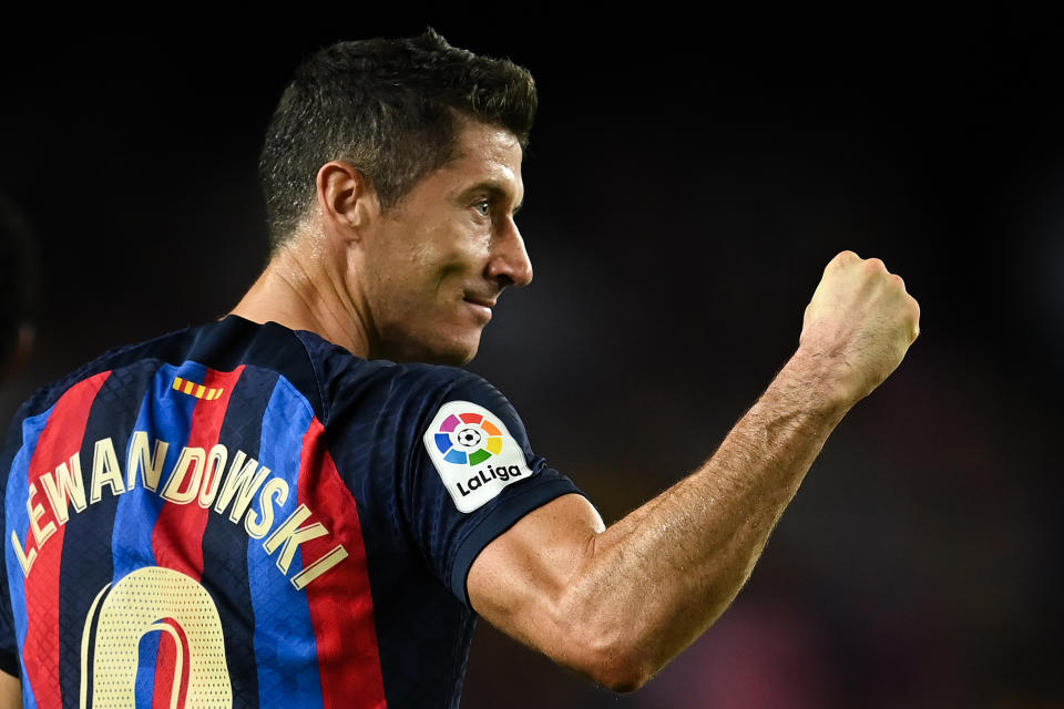 BARCELONA, SPAIN - AUGUST 28: Robert Lewandowski of FC Barcelona celebrates after scoring his team's third goal during the LaLiga Santander match between FC Barcelona and Real Valladolid CF at Camp Nou on August 28, 2022 in Barcelona, Spain. (Photo by David Ramos/Getty Images)