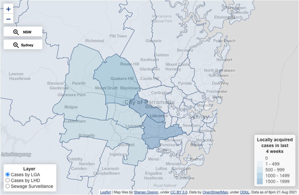 A NSW Health map showing the distribution of Covid cases across Sydney.