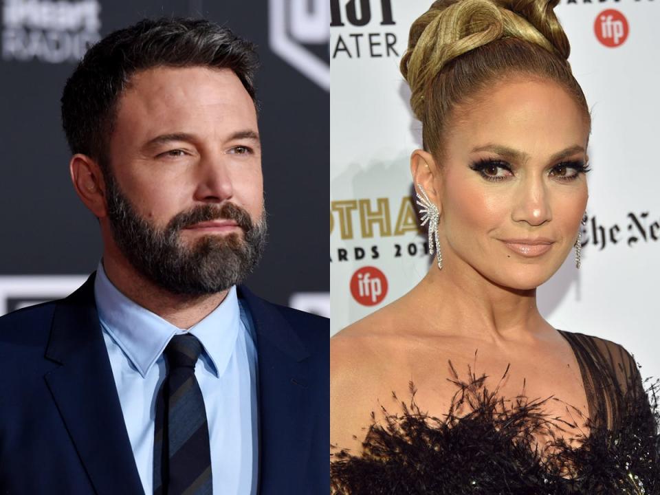 On the left: Ben Affleck posing on at the red carpet premiere of “Justice League” in November 2017. On the right: Jennifer Lopez posing on the red carpet of the IFP Gotham Awards in December 2019.