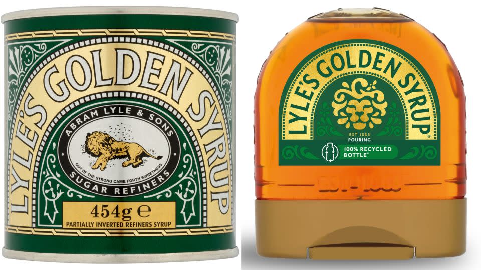 The original and new packaging and logo on Lyle's Golden Syrup. The product's canned varieties of syrup will retain the original logo. - Lyle's Golden Syrup