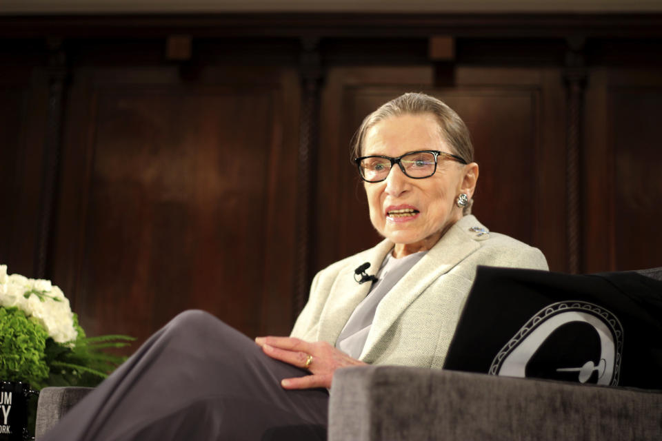 ADDS HELD AT THE NEW YORK ACADEMY OF MEDICINE U.S. Supreme Court Justice Ruth Bader Ginsburg sits onstage as the third speaker of the David Berg Distinguished Speakers Series, during an event organized by the Museum of the City of New York with WNET-TV held at the New York Academy of Medicine Saturday, Dec. 15, 2018, in New York. NPR legal correspondent Nina Totenberg led a question-and-answer session about Ginsburg's quarter century on the Supreme Court, and about her life. (AP Photo/Rebecca Gibian)