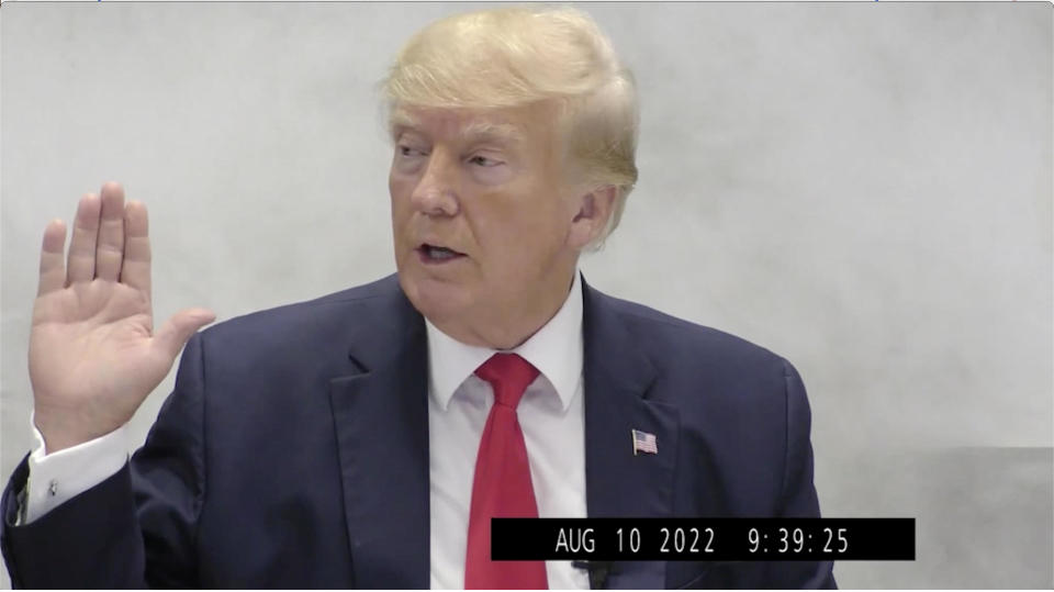 Former President Donald Trump at his deposition in a New York fraud investigation, Aug. 10, 2022.  / Credit: New York Attorney General's Office / Obtained by CBS News