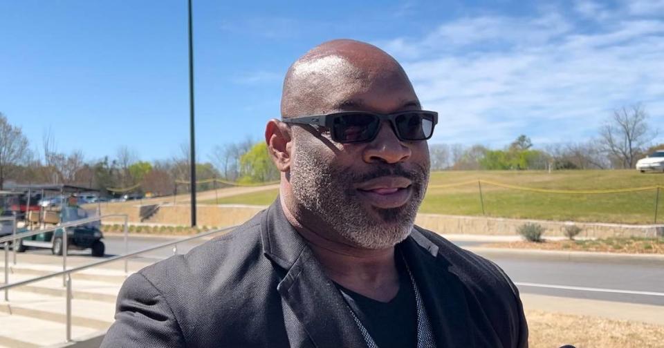 Former Panther linebacker Lamar Lathon was among those who came to pay their respects to Jerry Richardson Saturday at a memorial service in Spartanburg. Lathon traveled from Houston to attend.