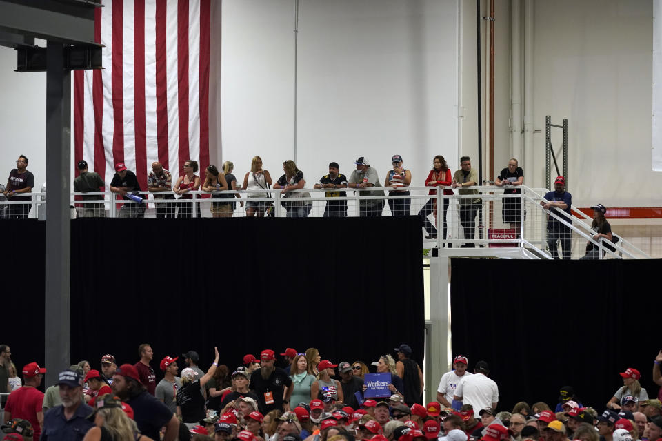 Supporters wait for President Donald Trump to speak at a rally at Xtreme Manufacturing, Sunday, Sept. 13, 2020, in Henderson, Nev. (AP Photo/Andrew Harnik)