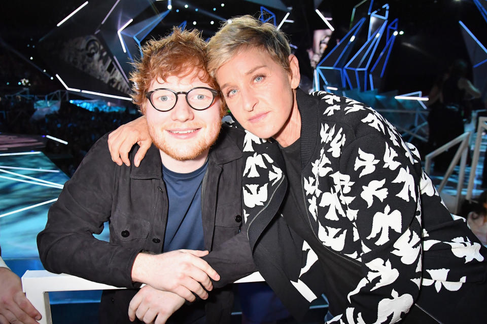 Ed Sheeran and Ellen DeGeneres pose together during the 2017 MTV Video Music Awards at The Forum on Aug. 27, 2017 in Inglewood, California.