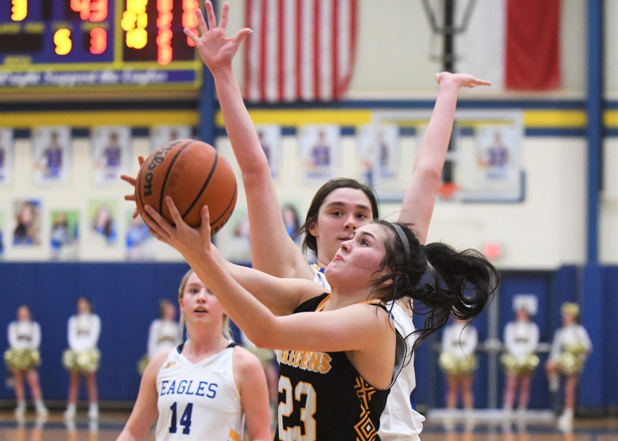 Seminole's Londyn Shain goes for a shot against Lubbock Christian on Tuesday, Jan. 4, 2022, at the Eagle Athletic Center in Lubbock.