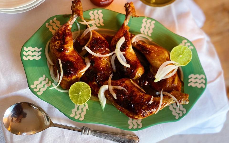 Sticky orange and maple chicken legs with quick pickled onion