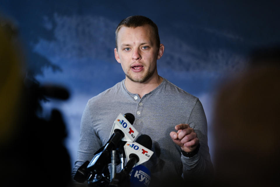 Andrei Doroshin speaks during a news conference in Philadelphia, Friday, Jan. 29, 2021. Philadelphia officials have shut down a COVID-19 vaccine clinic after concerns grew about Dorshin, the 22-year-old graduate student running the effort. (AP Photo/Matt Rourke)