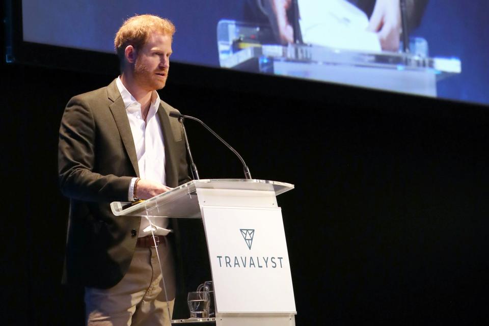 Britain's Prince Harry, Duke of Sussex, addresses a sustainable tourism summit at the Edinburgh International Conference Centre in Edinburgh on February 26, 2020. - Prince Harry was back in Britain on February 26 for the first of a final round of public appearances before he and his wife Meghan step back from their royal duties. (Photo by Andrew Milligan / POOL / AFP) (Photo by ANDREW MILLIGAN/POOL/AFP via Getty Images)