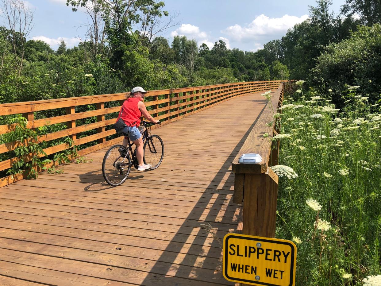 The Stellar Trail crosses a wetland in North Liberty, seen on July 11, 2023, as it connects to another trail leading to North Liberty Elementary School.