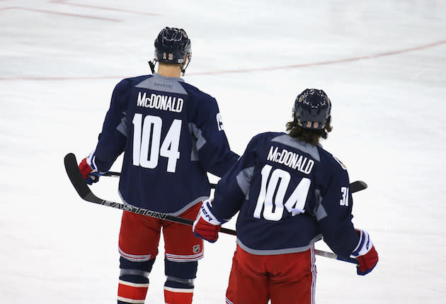 NEW YORK, NY - JANUARY 13: The New York Rangers wear jersies commemorating former NYPD dectective Steven McDonald prior to the game against the Toronto Maple Leafs at Madison Square Garden on January 13, 2017 in New York City. (Photo by Bruce Bennett/Getty Images)