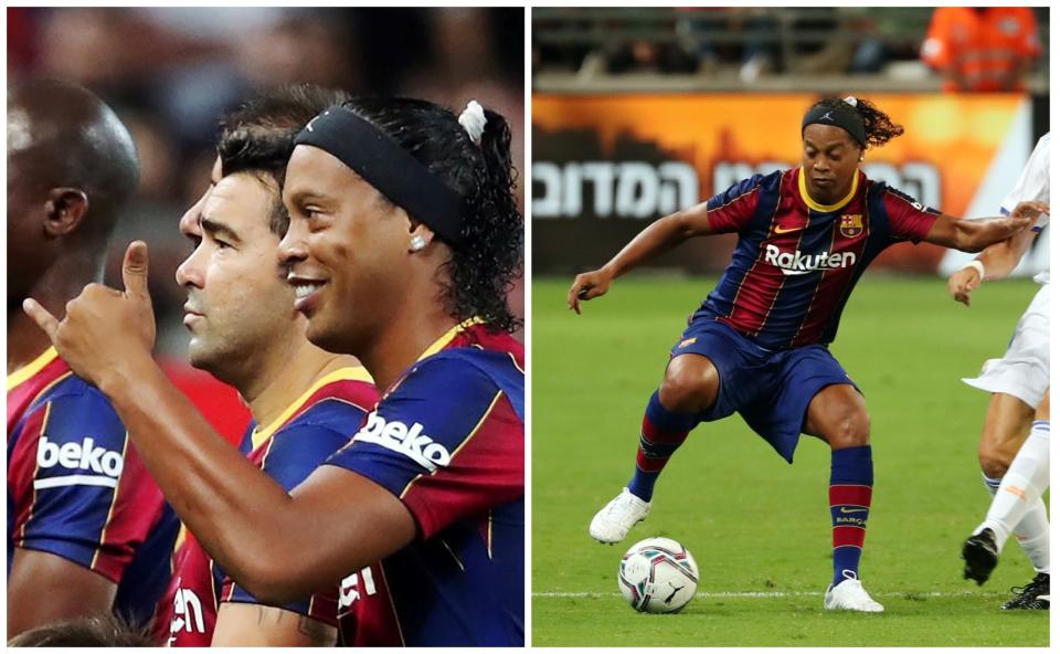 Ronaldinho haciendo su famoso gesto antes del partido y con el balón en un momento del encuentro. (Foto: Ronen Zvulun / Reuters).