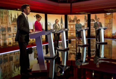 (L-R) Britain's opposition Labour Party leader Ed Miliband speaks, flanked by Plaid Cymru leader Leanne Wood, Green Party leader Natalie Bennett, SNP leader Nicola Sturgeon and UKIP leader Nigel Farage during the televised leaders' debate in London, April 16, 2015. REUTERS/Stefan Rousseau/Pool