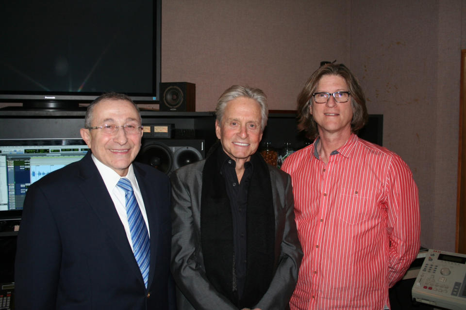 This March 20, 2013 photo released by Moriah Films shows, from left, Rabbi Marvin Hier, actor Michael Douglas, and Moriah Films director Richard Trank, at a recording studio in New York. The Wiesenthal Center’s Oscar-winning film division, issues its 13th historical movie, "The Prime Ministers," on Nov. 6, 2013. Douglas is the voice of Yitzhak Rabin in the documentary. (AP Photo/Moriah Films)