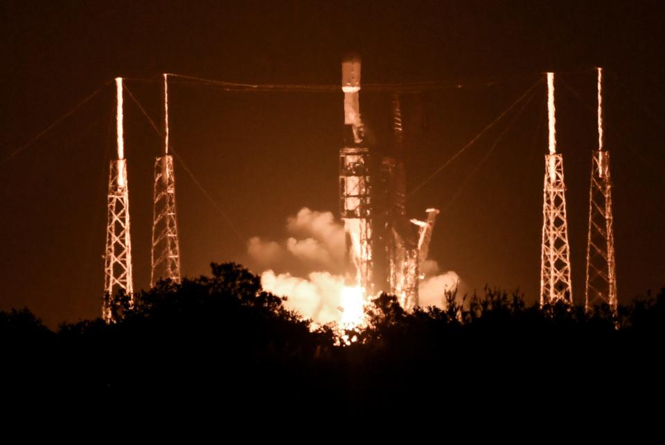 A SpaceX Falcon 9 rocket carrying 23 Starlink satellites lifts off Friday night from Cape Canaveral Space Force Station.