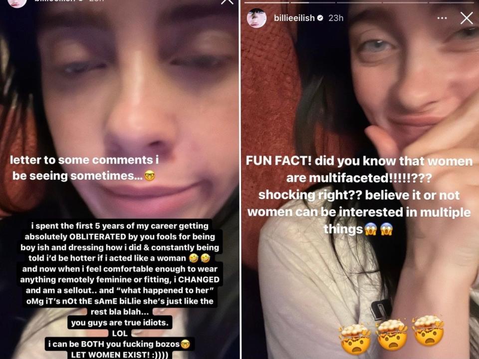 Billie Eilish addressed her critics in a series of Instagram stories.