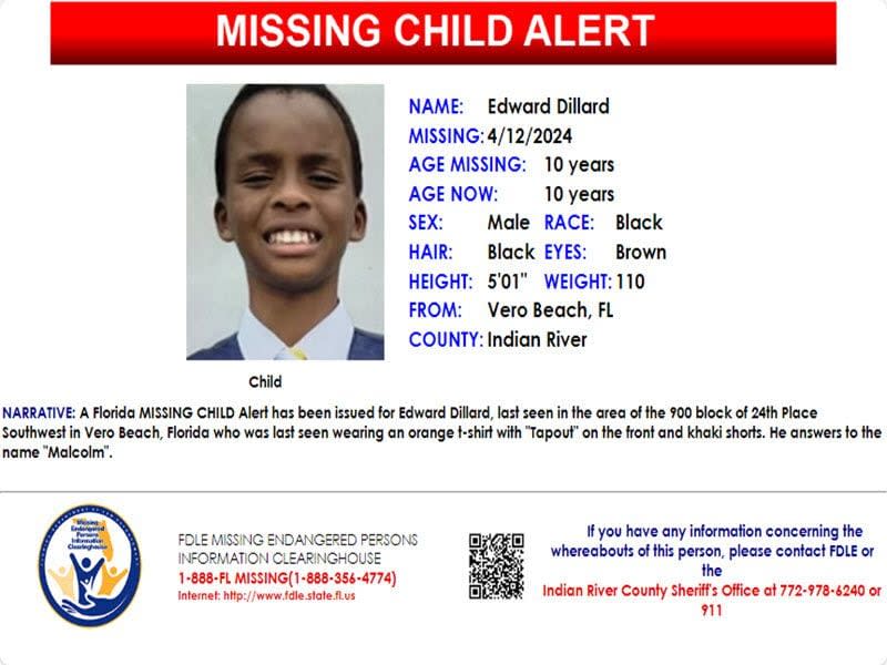 A Florida Missing Child Alert was issued for Edward “Malcolm” Dillard out of Vero Beach.