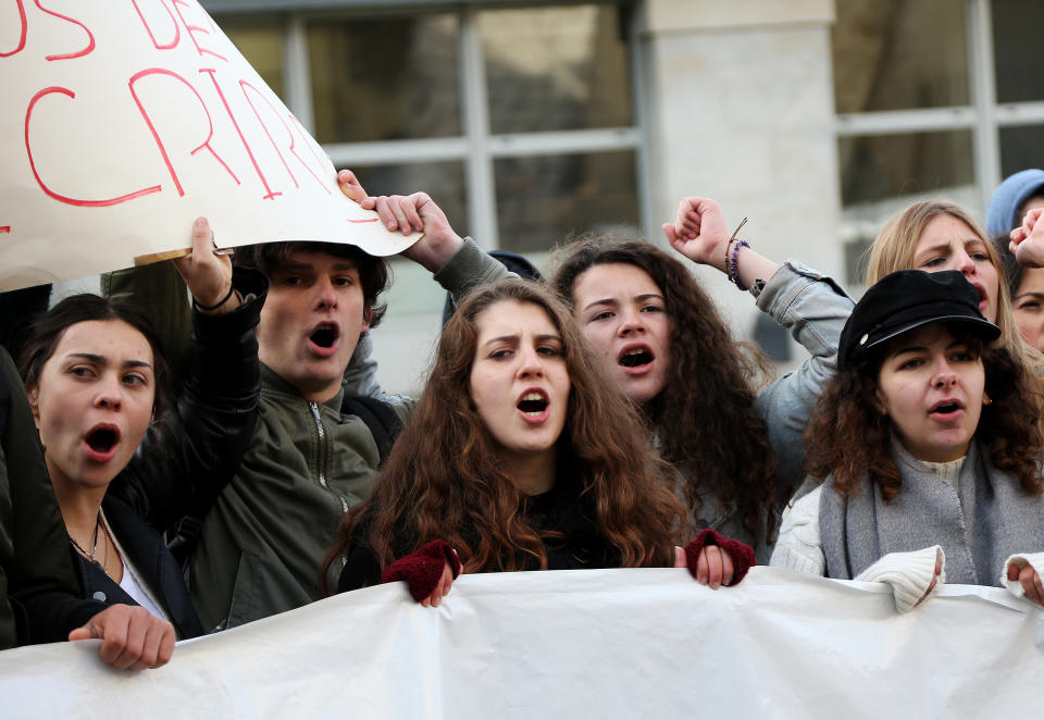 School children demonstrate in Bayonne, southwestern France, Tuesday Dec.11, 2018. Macron has acknowledged he's partially responsible for the anger that has fueled weeks of protests in France, an unusual admission for the leader elected last year. (AP Photo/Bob Edme)