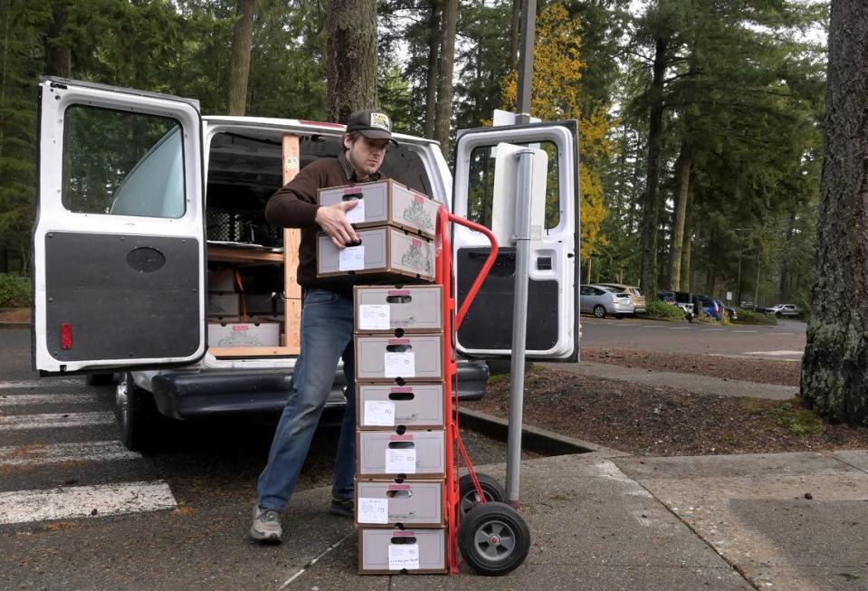 Southwest Washington Food Hub operations Coordinator Casey McCrone makes a delivery stop at the Lacey City Hall on Dec. 7 which is one of the organization’s workplace wellness drop-off locations.