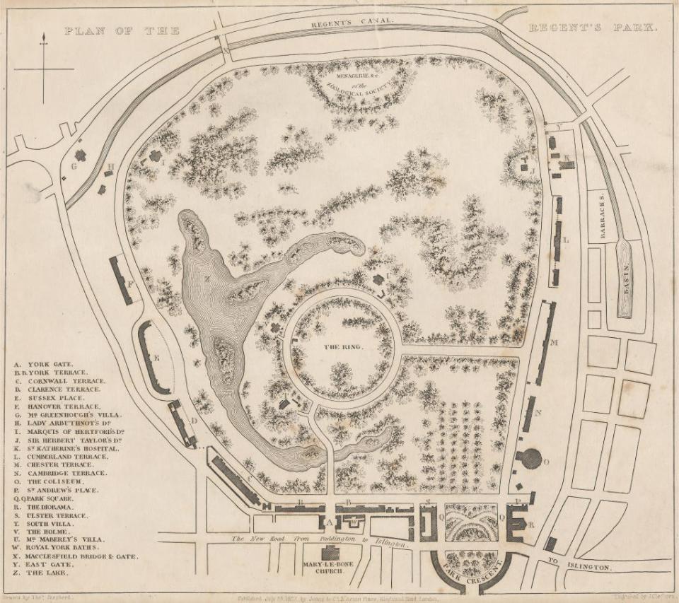 plan of the regent's park, print made by john cleghorn, active 1840–1881, british, after thomas hosmer shepherd, 1792–1864, british, printed by jones co, active 1822–1850, british, 1827, etching on moderately thick, slightly textured, beige laid p